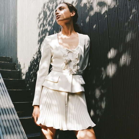 self portrait ivory crepe mini dress SELF-PORTRAIT Belted Bow-Embellished Crepe Mini Dress